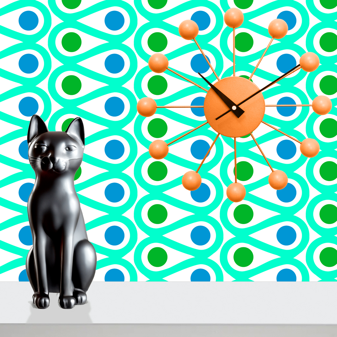 The artwork features a repetitive geometric pattern with curved, teal shapes creating loops that flow in symmetrical vertical columns. Inside the loops, there are solid circular shapes alternating between green and blue, with green circles in the left column and blue circles in the right column. The white background accentuates the vivid colors and clean lines of the design. The overall composition is balanced with a modern, vibrant aesthetic.
